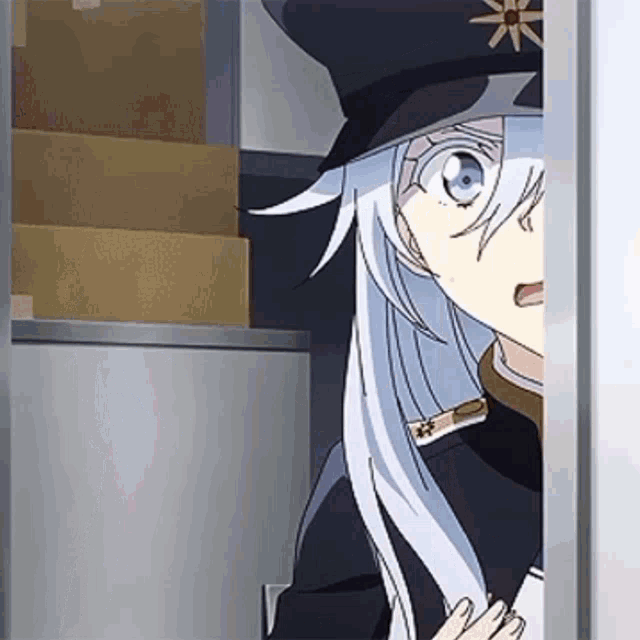 a girl with long white hair and a hat is standing next to a door .