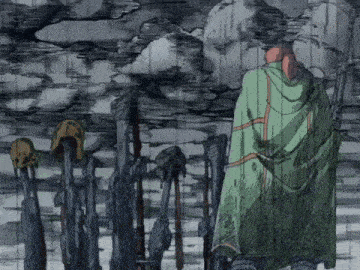 a man in a green cape is standing in the rain holding a sword