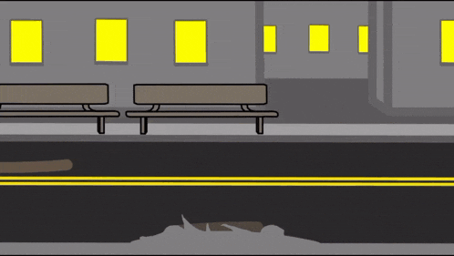a cartoon of a bus stop with two benches and a yellow line