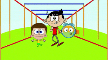 a group of cartoon characters standing next to each other in a playground .