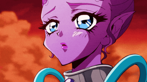 a close up of a cartoon character with purple hair
