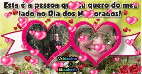 a picture of a man and a woman surrounded by pink hearts with the words esta e a pessoa que eu quero do meu lado