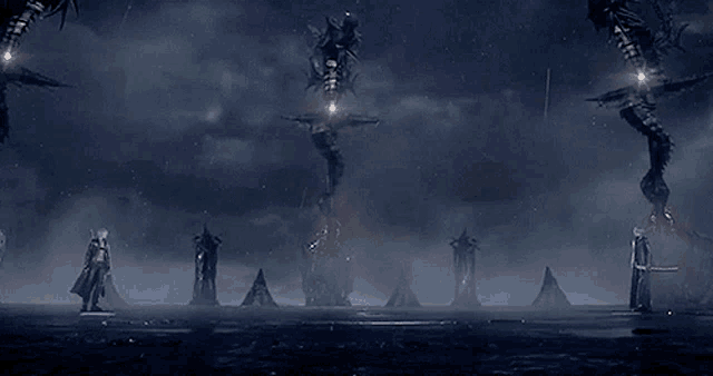 a group of people are standing in a dark room with a statue in the middle