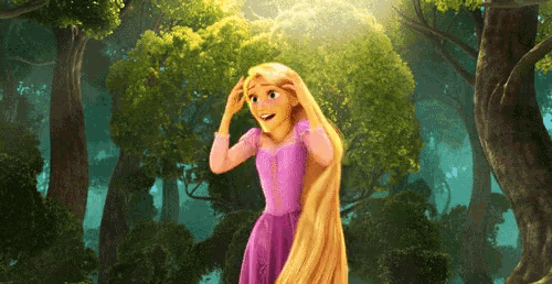 rapunzel from tangled is standing in the woods holding her hair