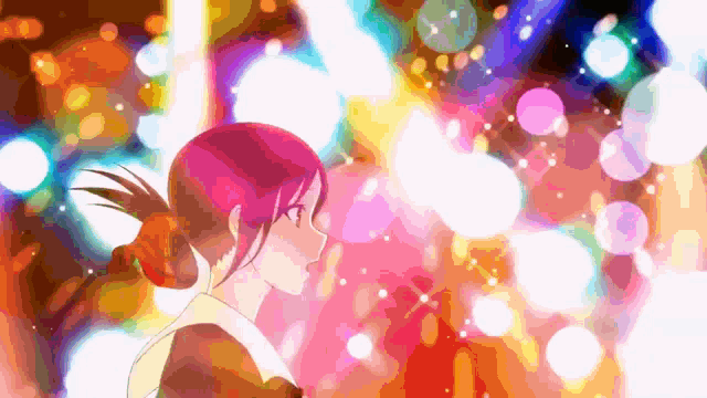 a girl with red hair stands in front of a rainbow of lights