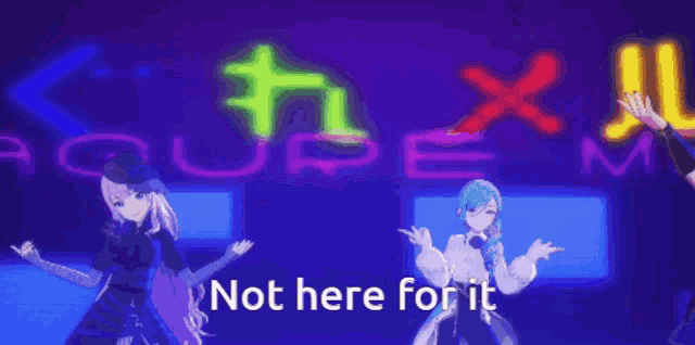 a pixel art of a girl with the words not here for it written below her