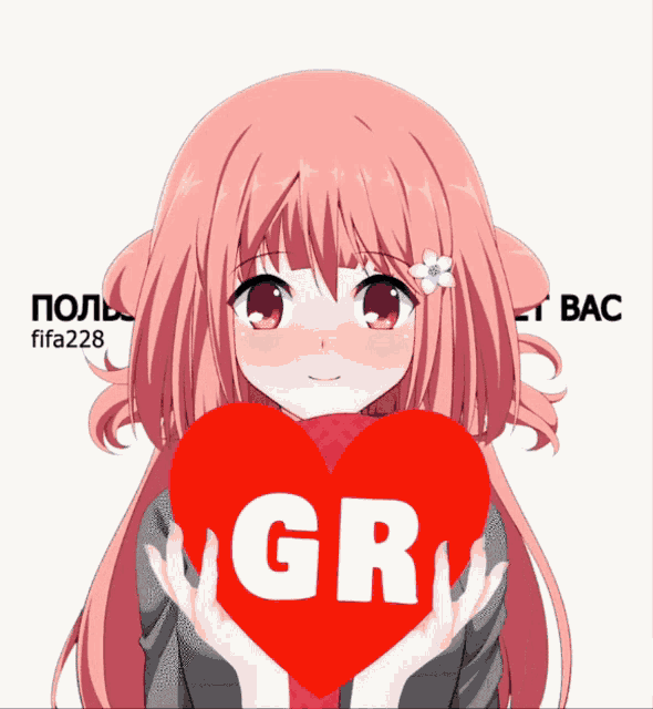 a girl with pink hair is holding a red heart that says gr on it