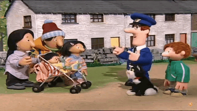 a group of cartoon characters standing in front of a house with the letter f on the bottom right