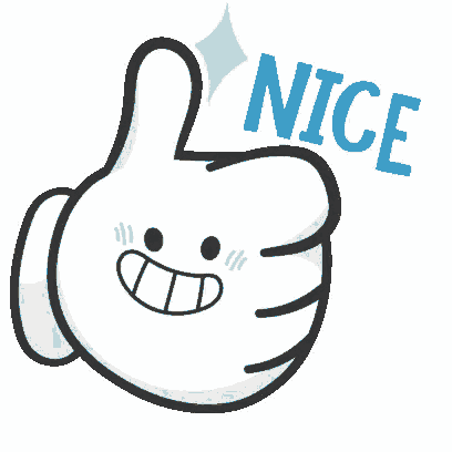 a cartoon hand is giving a thumbs up with the word nice written below it