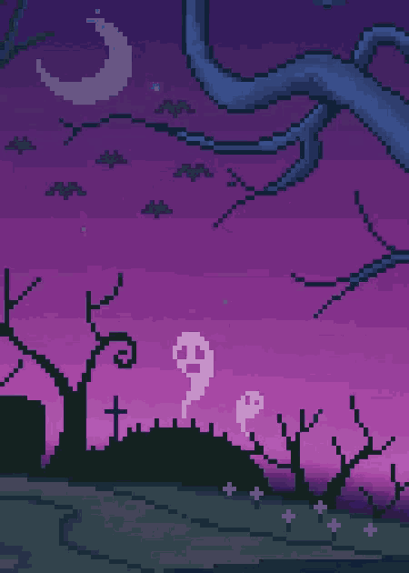 a pixel art of a cemetery with ghosts and a crescent moon in the sky
