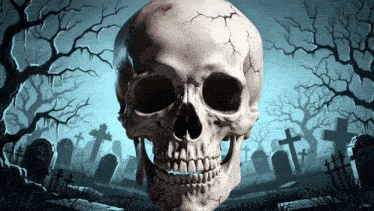 a skull in front of a cemetery with a grave that says all fu