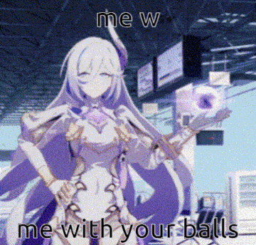 a girl with long white hair is holding a purple object and says me with your balls .