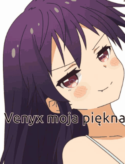 a drawing of a girl with purple hair and the words venyx moja piękna
