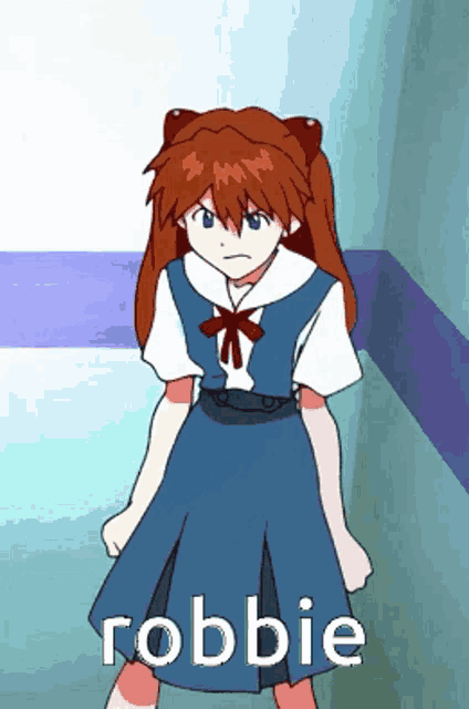 a girl with red hair is standing in a hallway and the word robbie is on the bottom of the picture