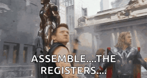 a group of avengers are standing in front of a building and saying assemble the registers ..