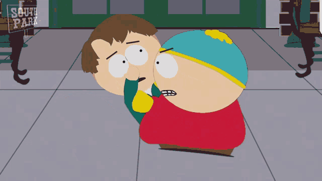 two cartoon characters are standing next to each other in front of a sign that says south park