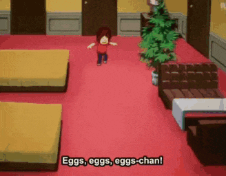 a cartoon character says eggs eggs eggs-chan on a red carpet