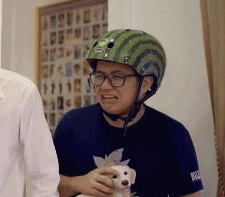 a man wearing a watermelon helmet and glasses is holding a stuffed dog .