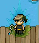 a pixel art of a man standing next to a fence holding a cane .
