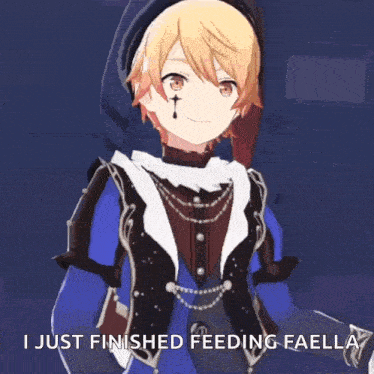 a cartoon character with a cross on his face says i just finished feeding faella .