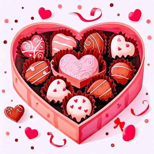 a heart shaped box filled with chocolates and hearts