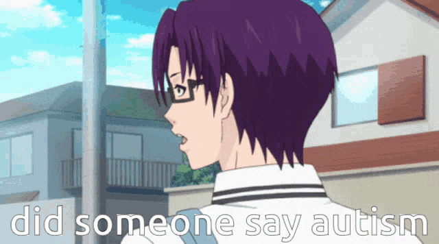 a man with purple hair and glasses is standing in front of a house and says " did someone say autism "