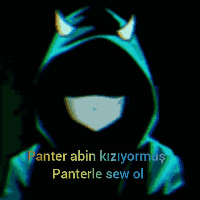 a person wearing a devil horned hoodie with the words panter abin kiziyormus panterle sew ol