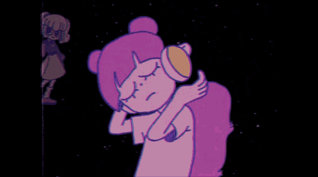 a cartoon drawing of a girl wearing headphones standing in front of a phone