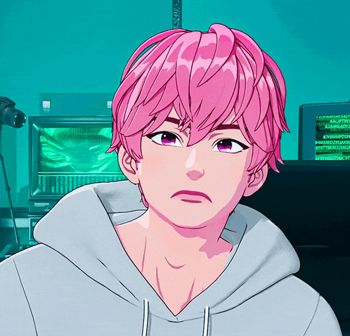 a cartoon character with pink hair and a gray hoodie has a serious look on his face