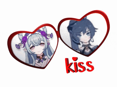 a couple of hearts with a girl and a boy and the word kiss