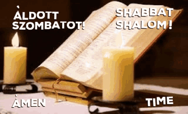 a candle is lit next to a bible that says amen and shabbat shalom