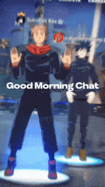 a cartoon character says good morning chat on the screen