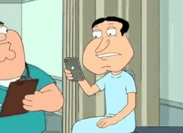 a cartoon of a man holding a cell phone next to a doctor .