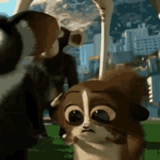 a group of cartoon animals are standing next to each other in a park .