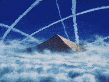 a pyramid is surrounded by clouds and smoke trails