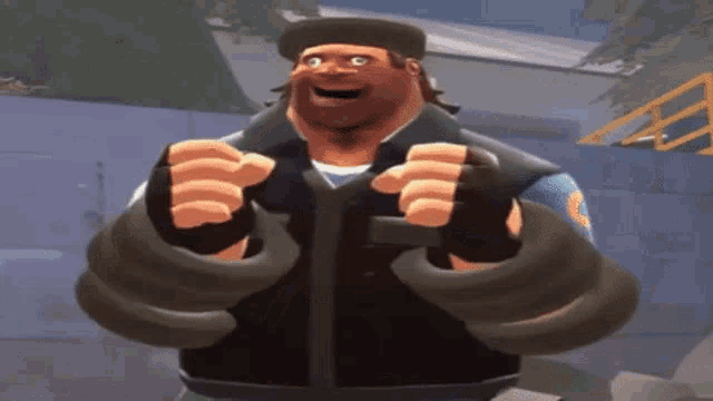 a cartoon character is standing in front of a wall with his arms outstretched and his mouth open .