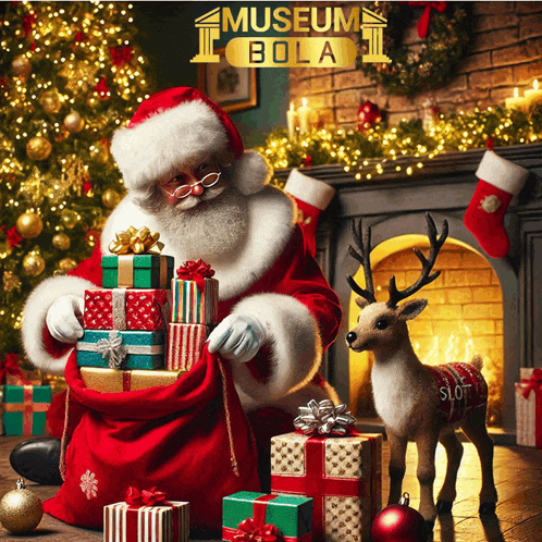 santa claus is sitting in front of a fireplace holding a bag of presents and a deer