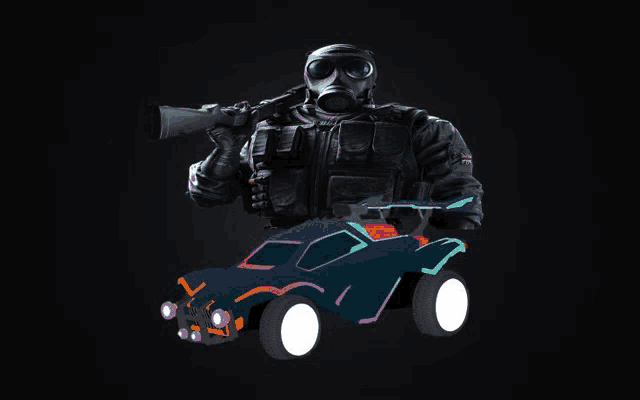 a man wearing a gas mask is holding a gun next to a car