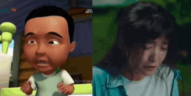 a picture of a cartoon character and a picture of a girl crying