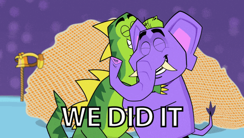 a cartoon of a purple elephant hugging a green dinosaur with the words we did it written below them