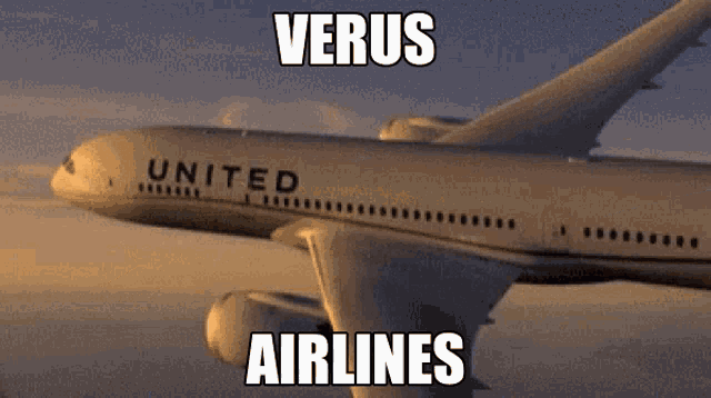 a united airlines plane flies through the air