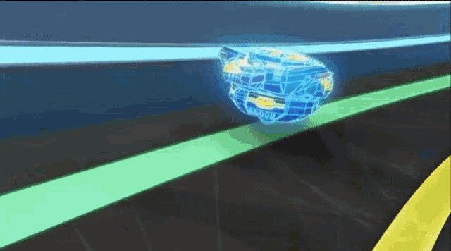 a blue spinning top is flying through the air on a track .