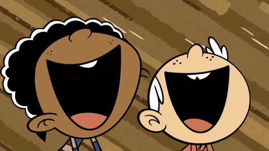 two cartoon characters are laughing together with their mouths open