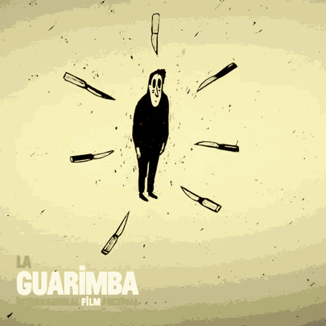 a drawing of a man surrounded by knives and the words guarimba international film festival