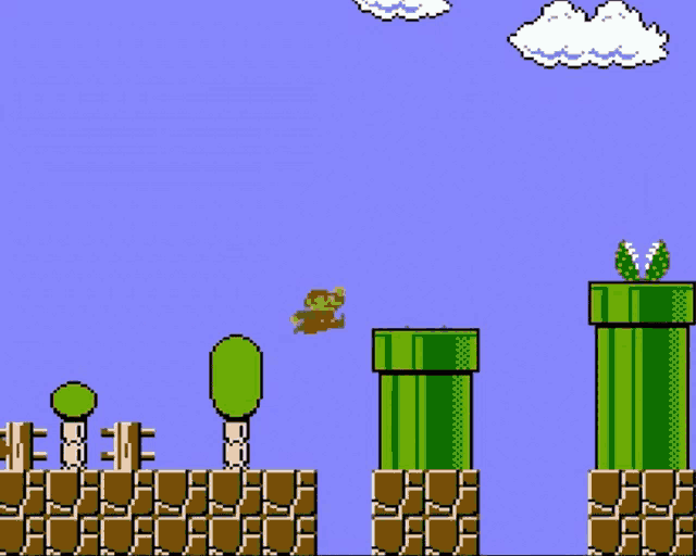 a video game where mario is jumping over pipes and trees