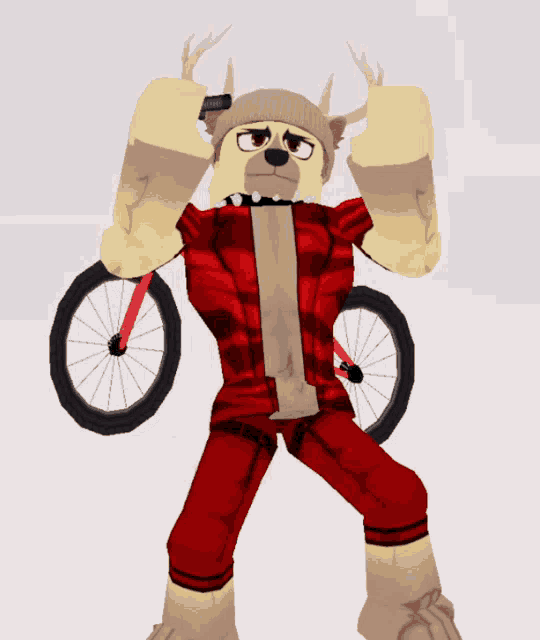 a dog with antlers is holding a bicycle in his hands
