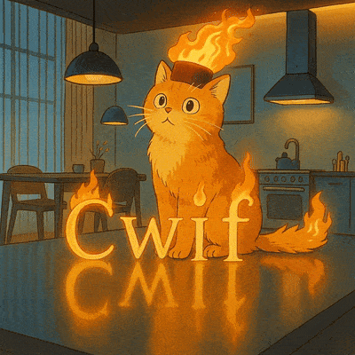 a cat with flames on its head is sitting on a table with the word cwif cmii written on it