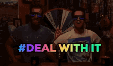 a man wearing sunglasses and a t-shirt that says ' deal with it ' on it