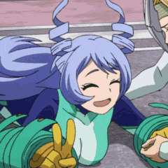 a girl with blue hair is laying on the ground with her eyes closed and giving a peace sign