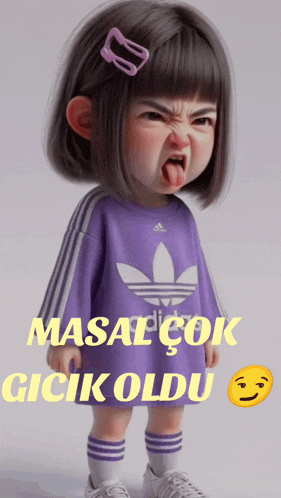 a little girl wearing a purple adidas shirt making a funny face